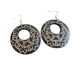 Boho Dark Brown and Tan Round Disk Drop Wooden Earrings